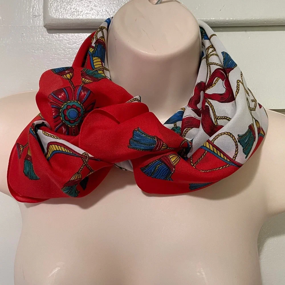 Berkshire Vintage Square Scarf‎ Red White Equestrian Tassel Made in Italy 31x31